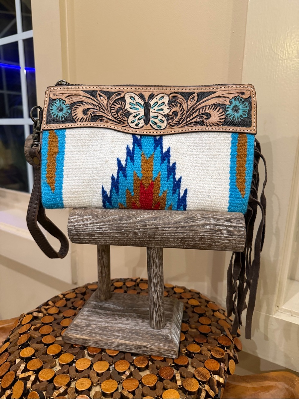 Western Boutique Saddle Blanket Tooled Genuine Leather Clutch Handbag Boho Bag